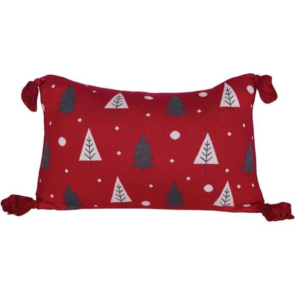 Creative Co-Op Cotton Knit Lumbar Trees and Tassels Pillows Red White Grey - New - Picture 8 of 10